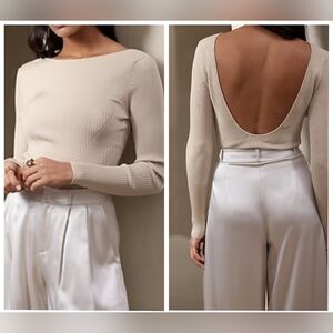 Banana Republic Ines Scoop Back Ribbed Lightweight Sweater, Light Beige, EUC!